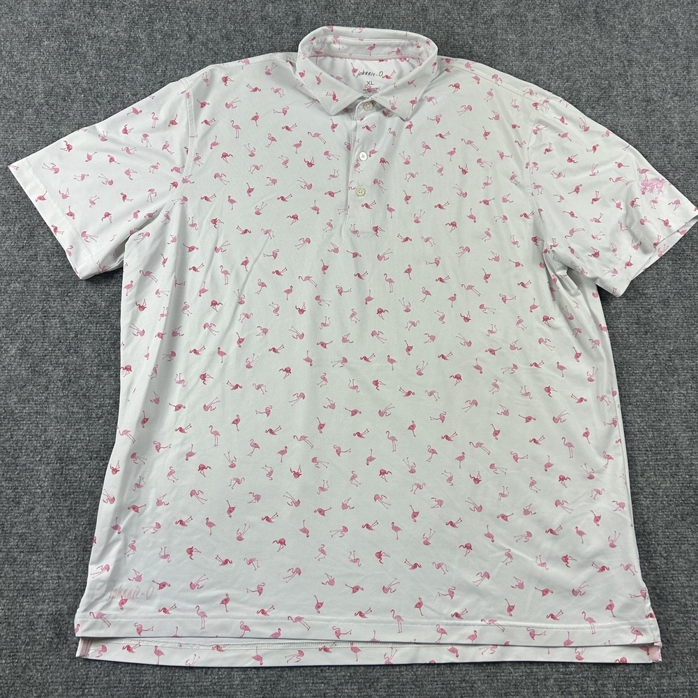 Johnnie-O Polo‎ Shirt Mens XL White Flamingo Print Golf Performance Stretch Top
